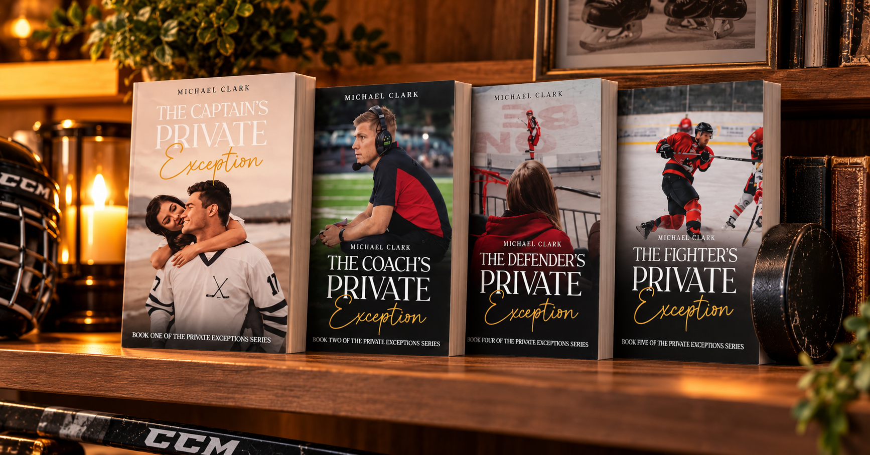 Hockey romance series lined up in reading order on a wooden bookshelf