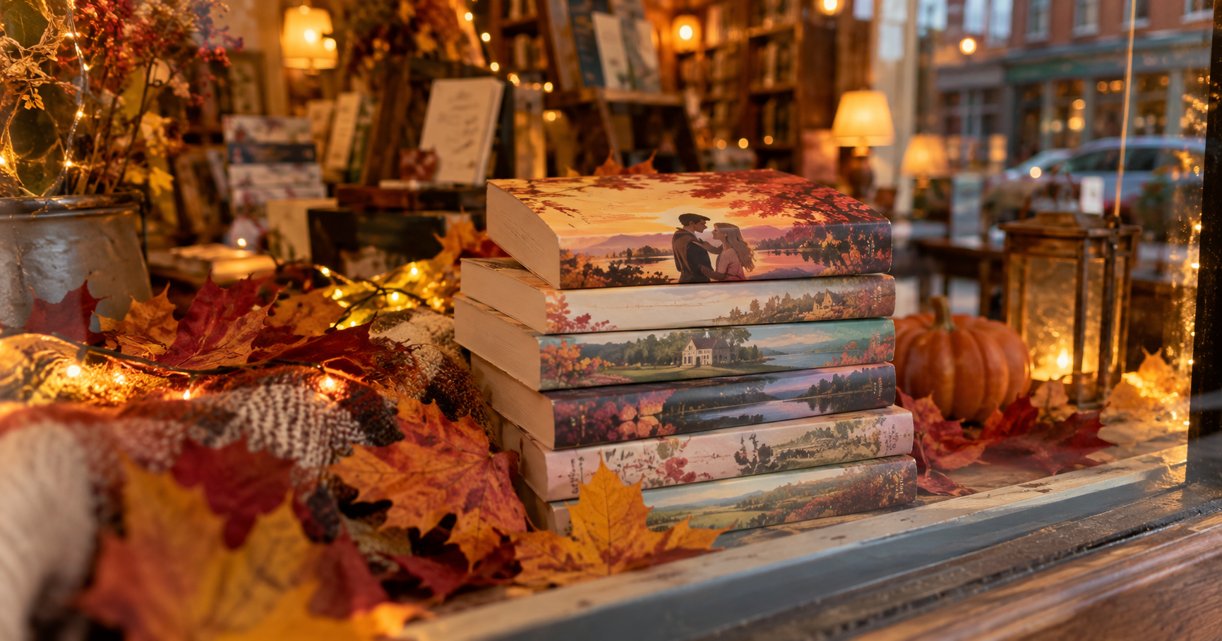 cozy romance stories stacked in a small-town bookshop window