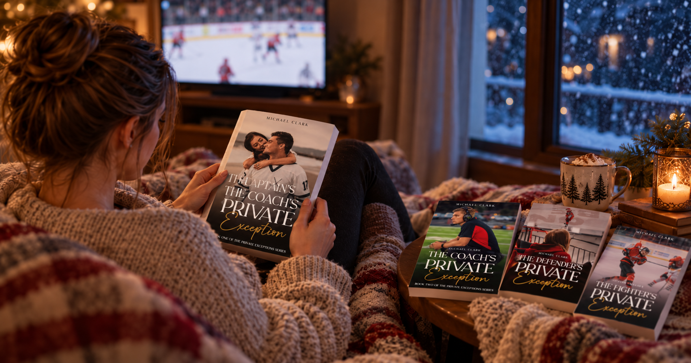 Reader curled up on a couch with a hockey romance novel on a snowy evening