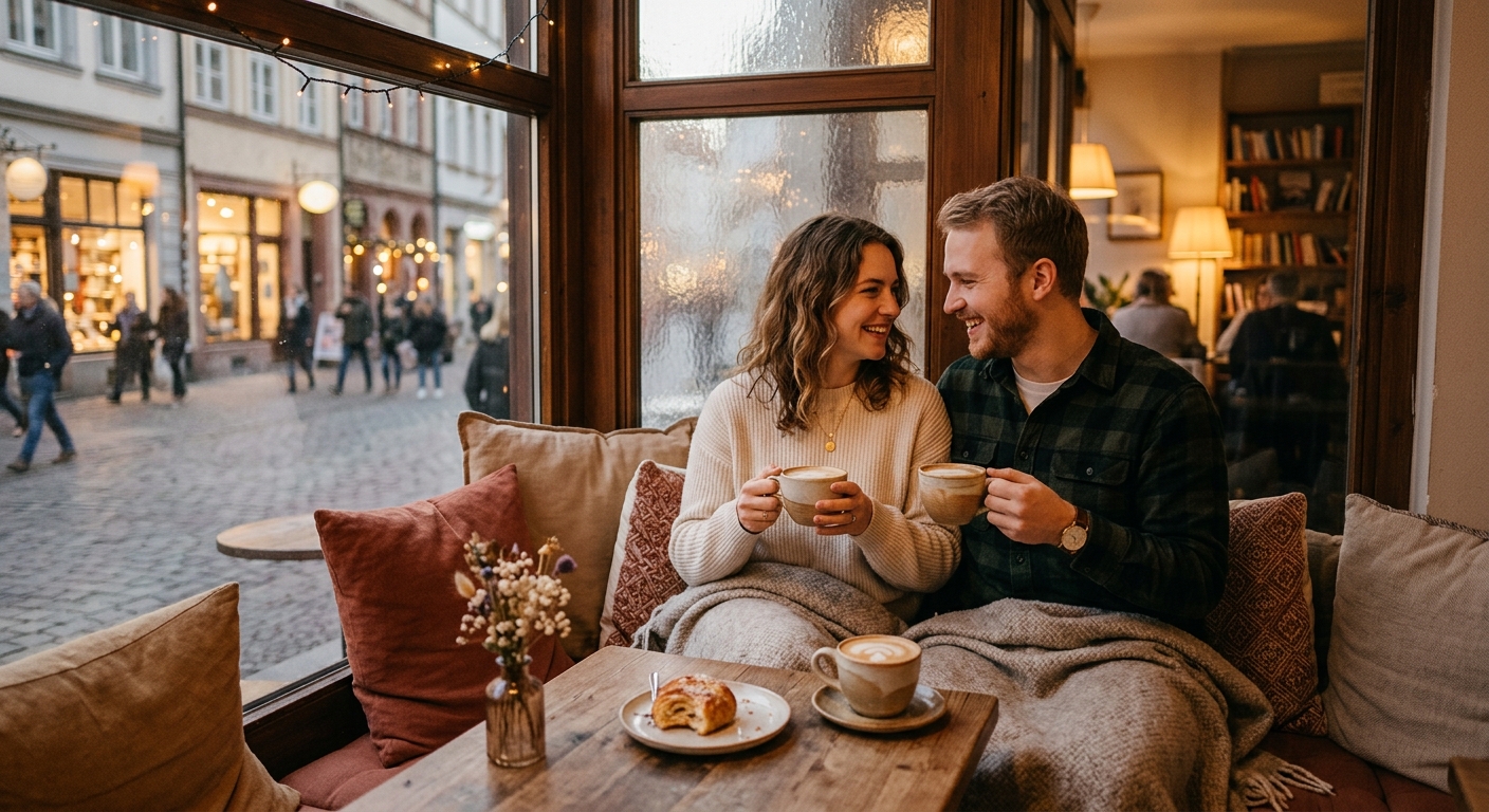 a quiet slow-burn moment between two characters from cozy romance stories