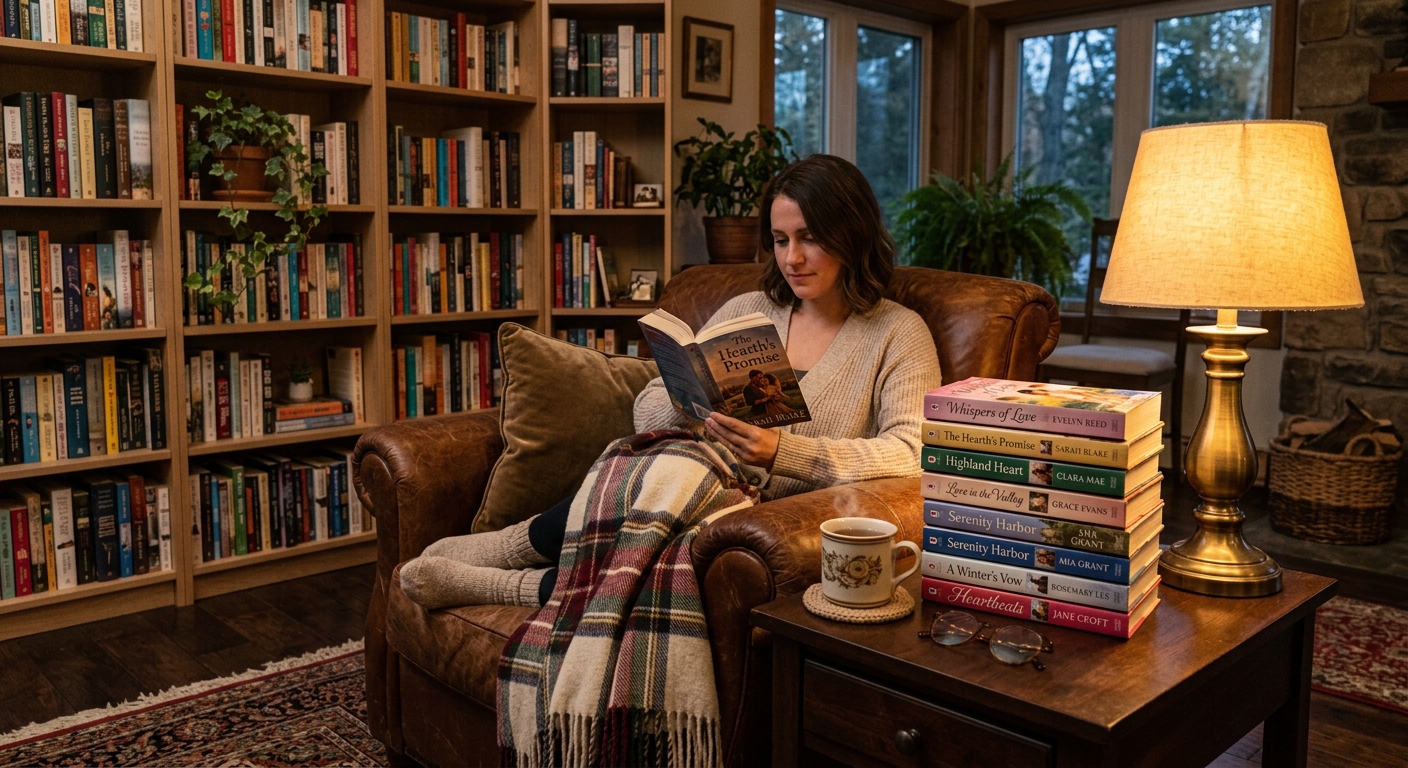 a cozy home library scene representing cozy romance stories