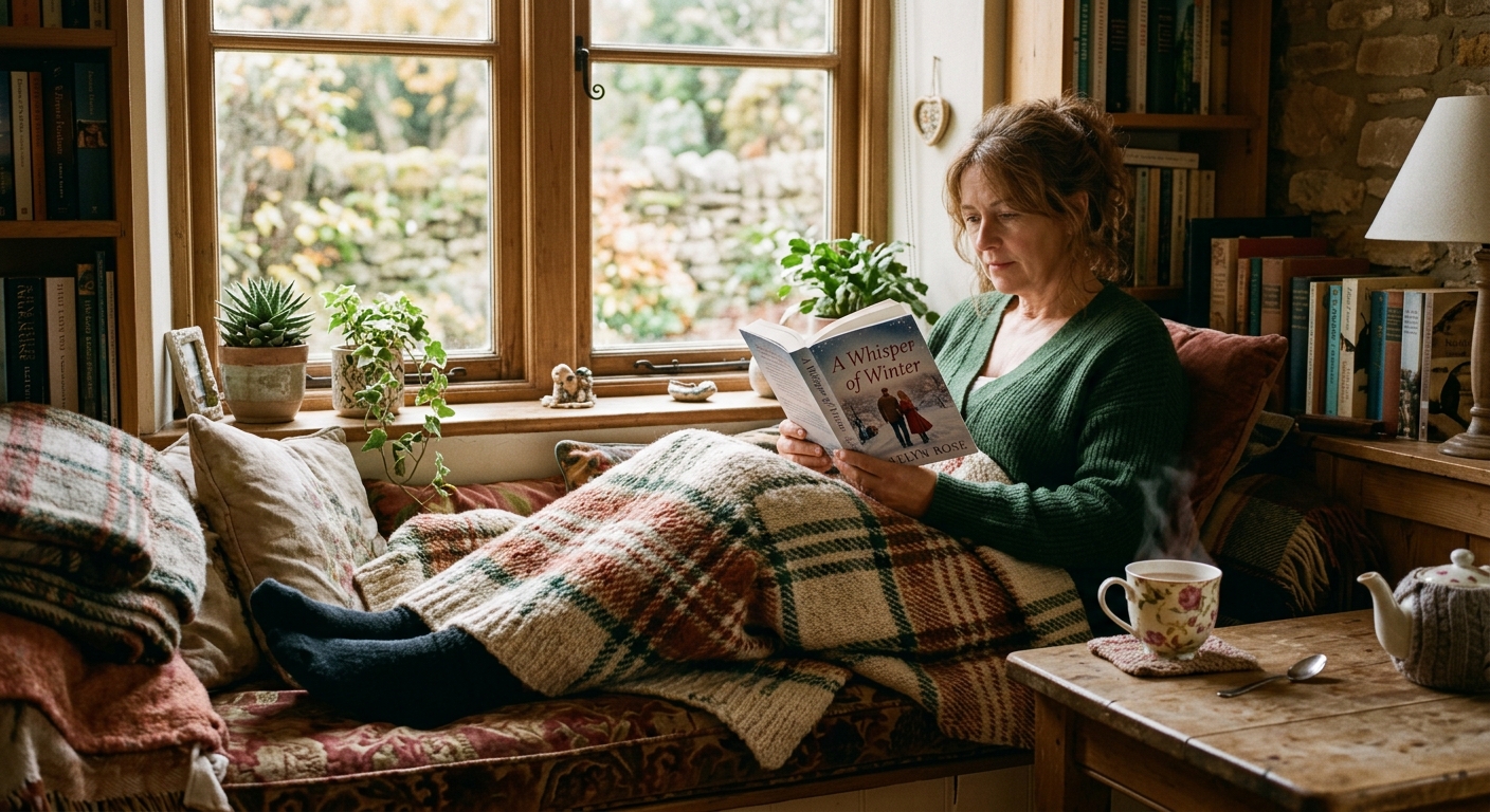 cozy romance stories displayed beside tea and a reading blanket