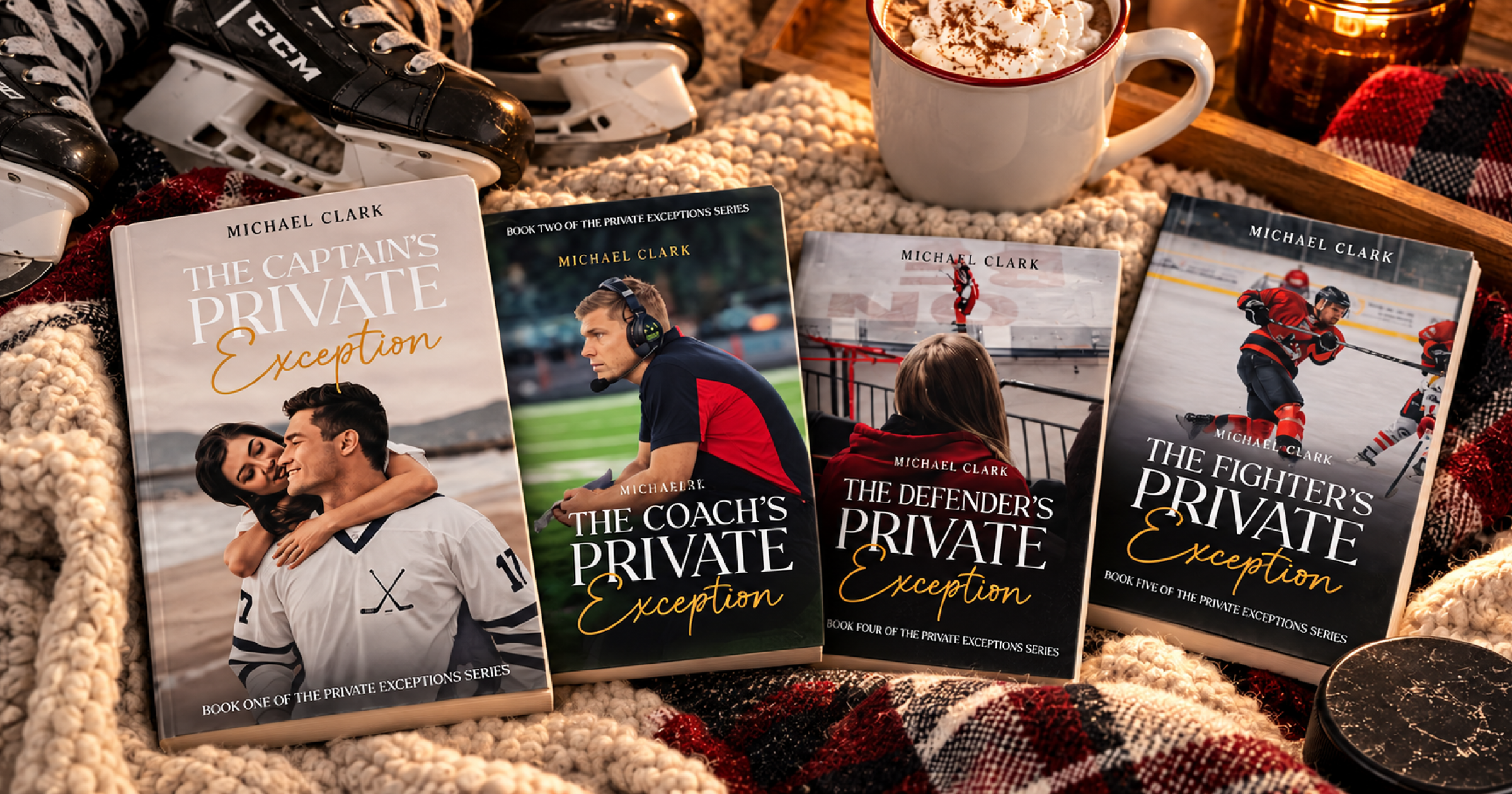 Stack of hockey romance books beside a pair of skates and a steaming mug